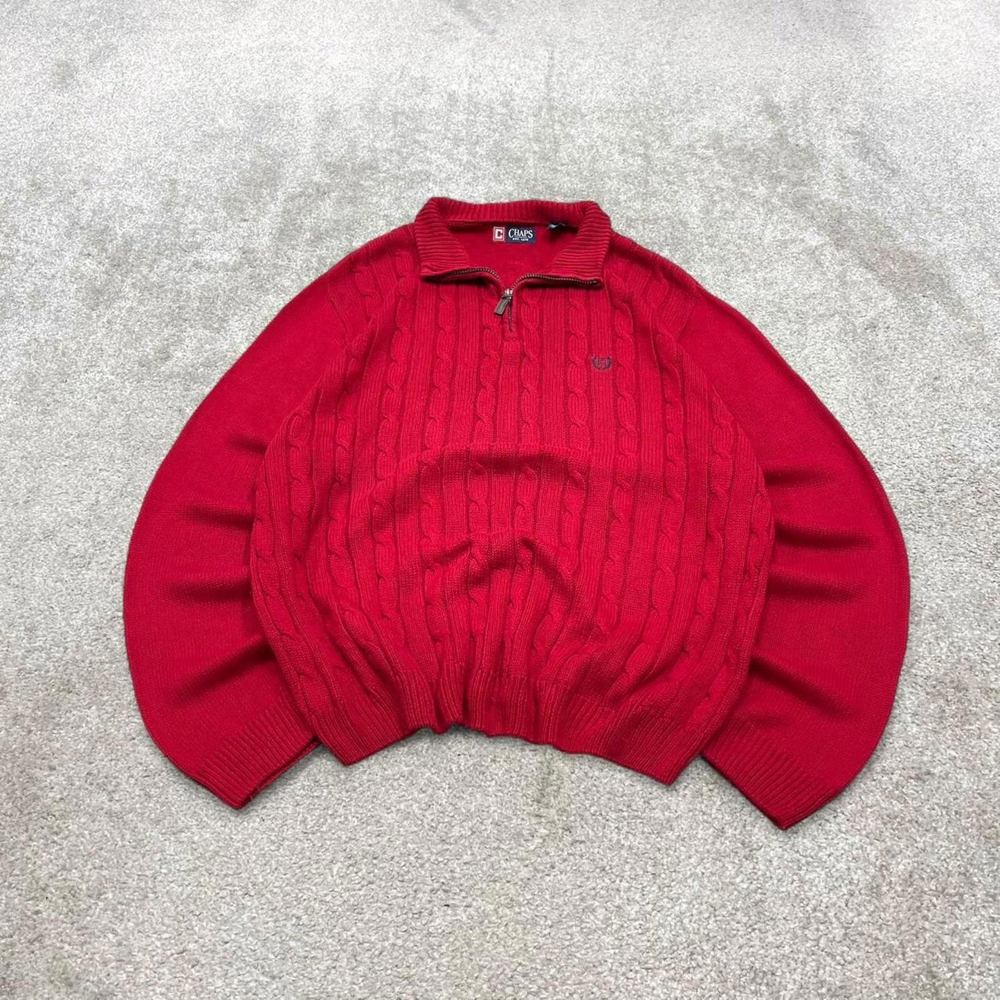 Y2K CHAPS 1/4 zip knit sweater jumper red Embroidered logo chunky cable knitted pullover
