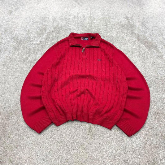 Y2K CHAPS 1/4 zip knit sweater jumper red Embroidered logo chunky cable knitted pullover
