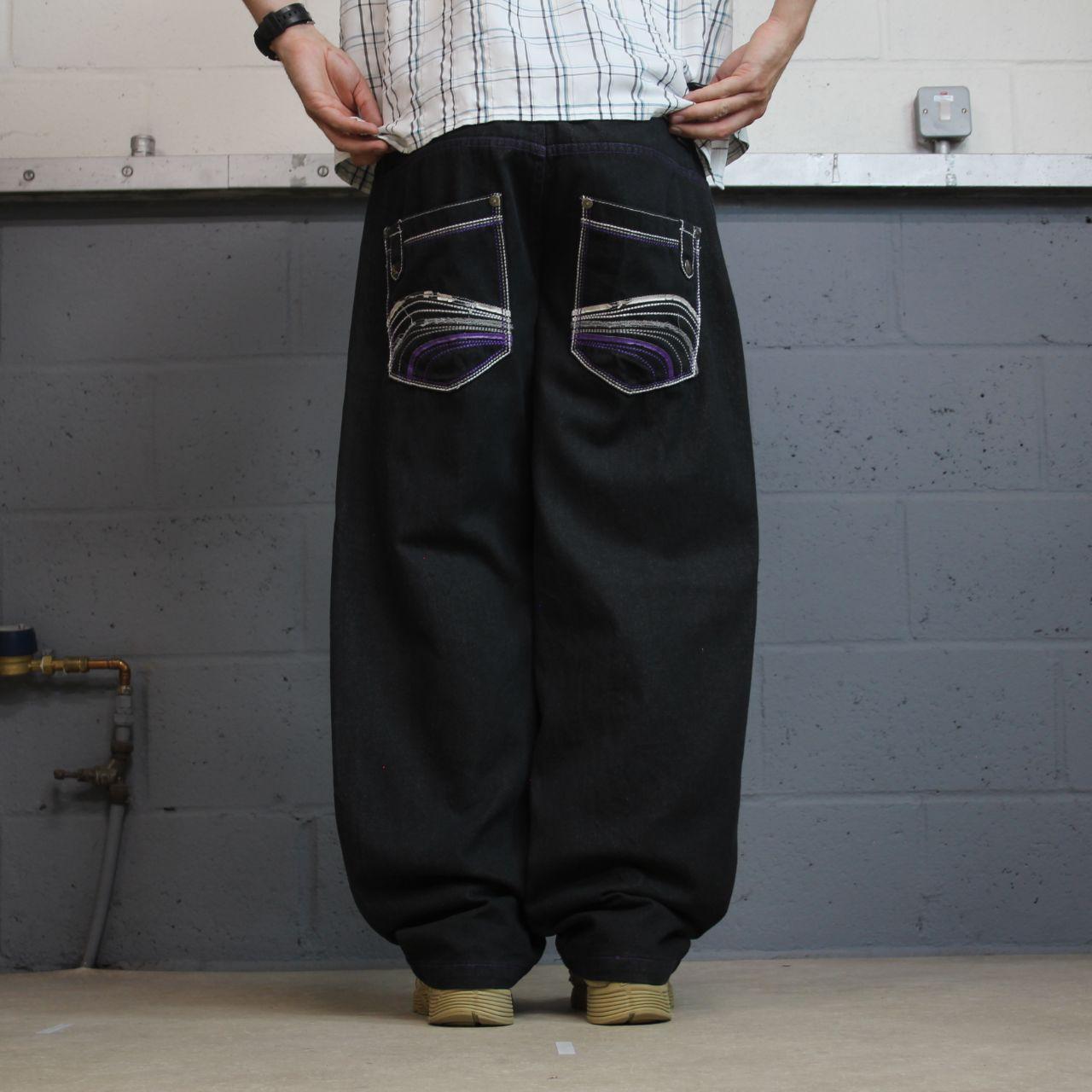 Y2K embroidered baggy jeans W38L31 2000s black Loose fit Rich Kid Jeans skater surf style jeans