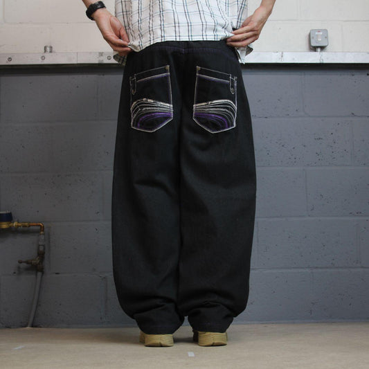 Y2K embroidered baggy jeans W38L31 2000s black Loose fit Rich Kid Jeans skater surf style jeans