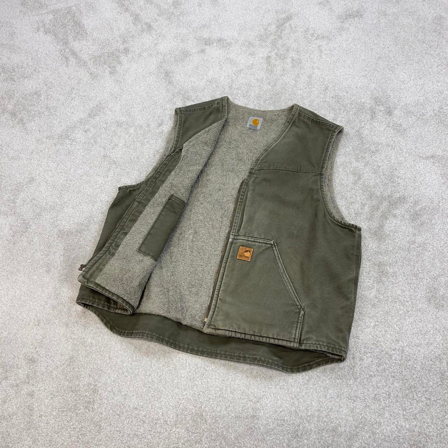 Green vintage Carhartt Gilet XL thick canvas sherpa lined body warmer