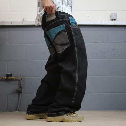 Baggy embroidered jeans y2k W36L31 black LOT29 wide leg skater style pants big embroidered designs