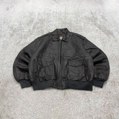 Vintage leather flight aviator bomber jacket black Burk’s Bay boxy genuine leather flight coat