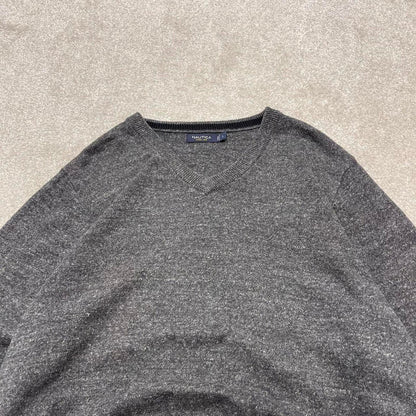 00s Nautica knit sweater jumper embroidered L men's grey knitted pull over y2k 90s style