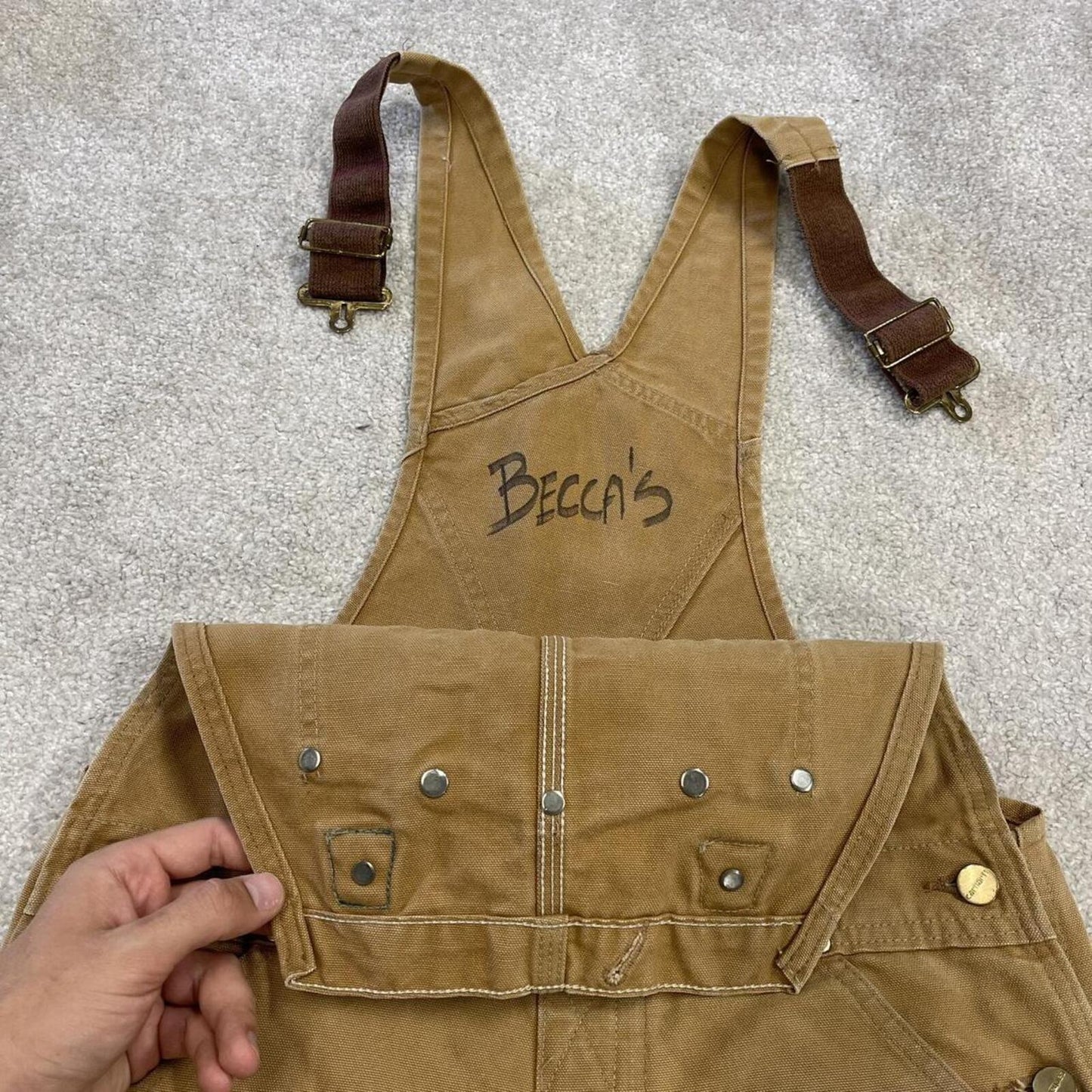 Vintage Carhartt dungarees tan brown overalls Bib & brace utility workwear farmer
