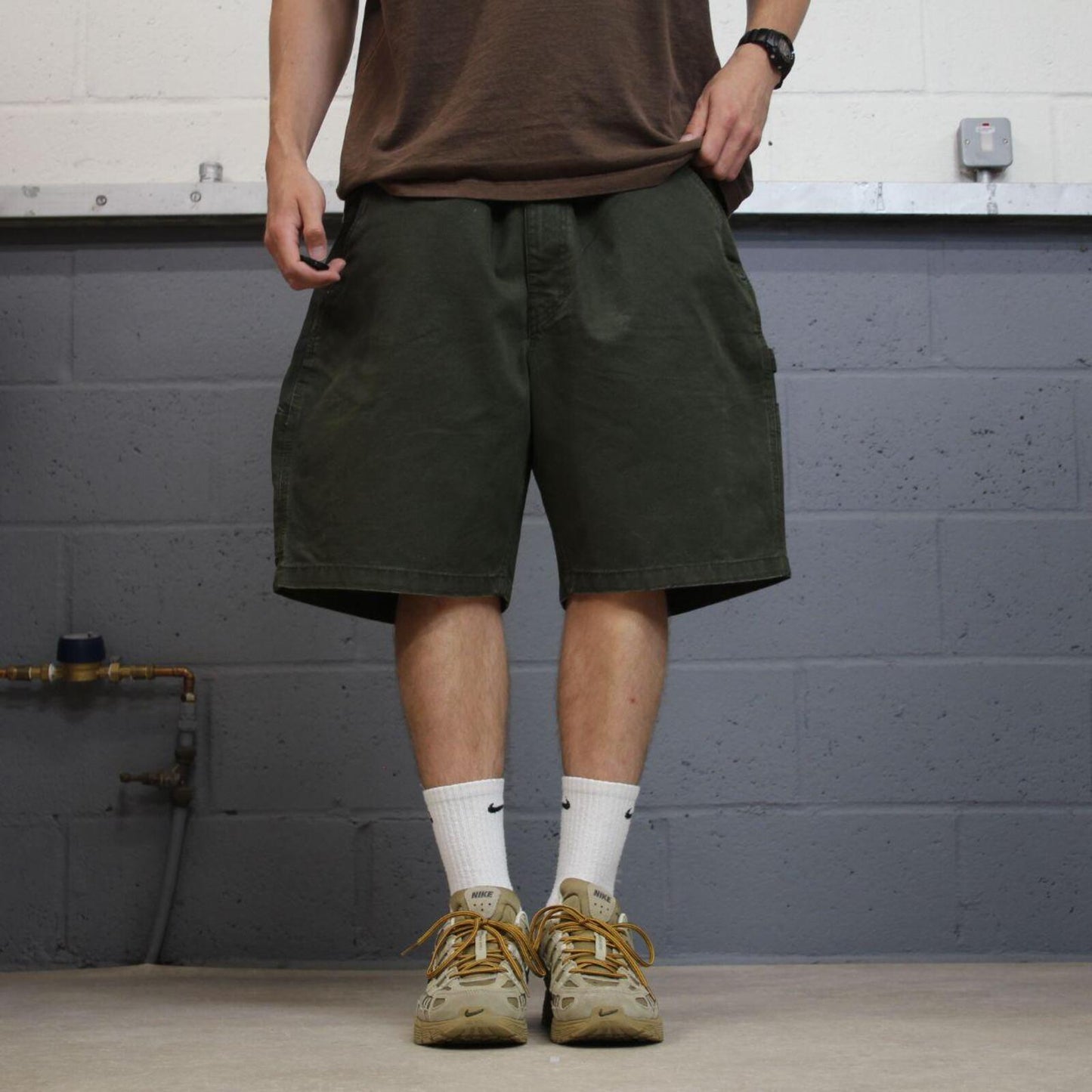 Baggy carpenter shorts canvas work green Red Head loose skate style summer festival jorts