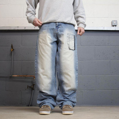 90s y2k baggy Akademiks jeans W32L34 loose wide leg blue denim skater style pants casual wear autumn