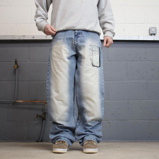 90s y2k baggy Akademiks jeans W32L34 loose wide leg blue denim skater style pants casual wear autumn