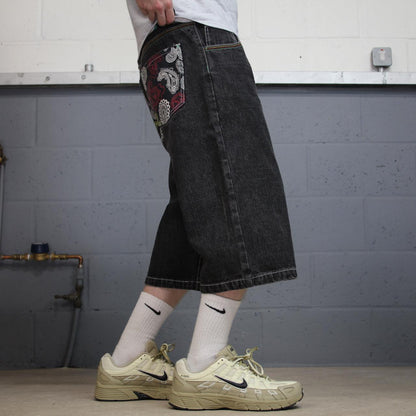 Long baggy denim shorts y2k black 4Fatherz skater style shorts with paisley pattern design