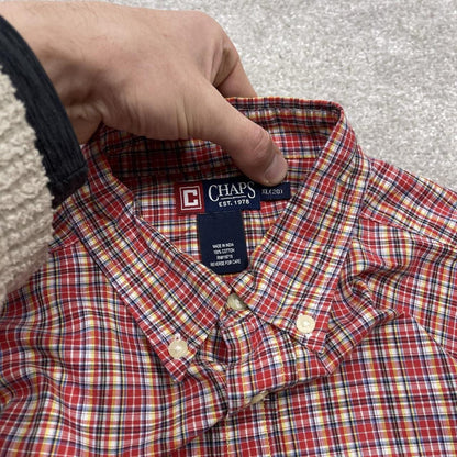 Y2K CHAPS checkered plaid shirt red long sleeve check button down embroidered logo