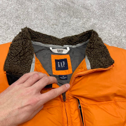 Y2K GAP technical puffer gilet M men’s orange full zip padded vest outdoors hiking autumn