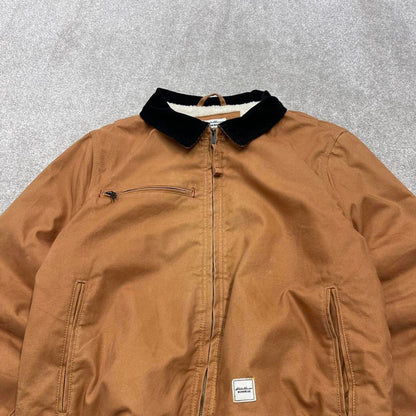 90s Vintage Detroit style workwear jacket Eddie Bauer large tan canvas 90s style bomber