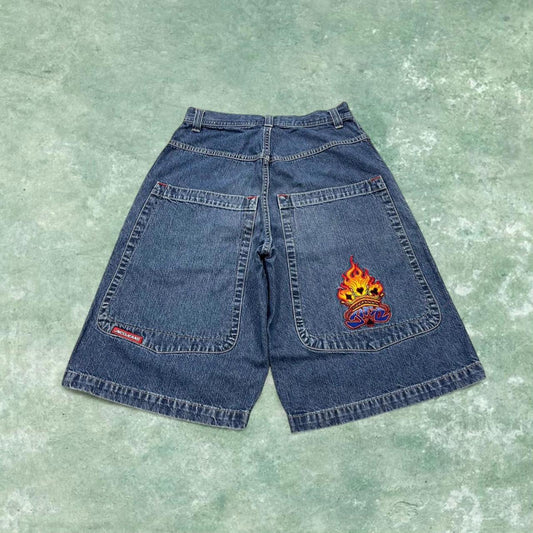 Vintage Y2k JNCO denim shorts wide leg blue Loose deep pocket jorts with flaming aces embroidery
