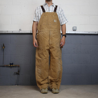 Vintage Carhartt dungarees tan brown overalls Quilt lined bib & brace utility workwear