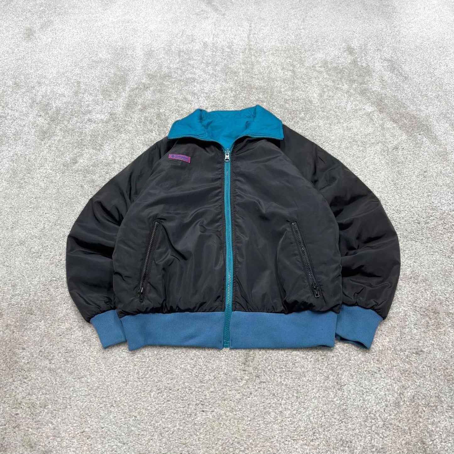 00s Columbia reversible windbreaker jacket M women's padded y2k bomber style turquoise black coat