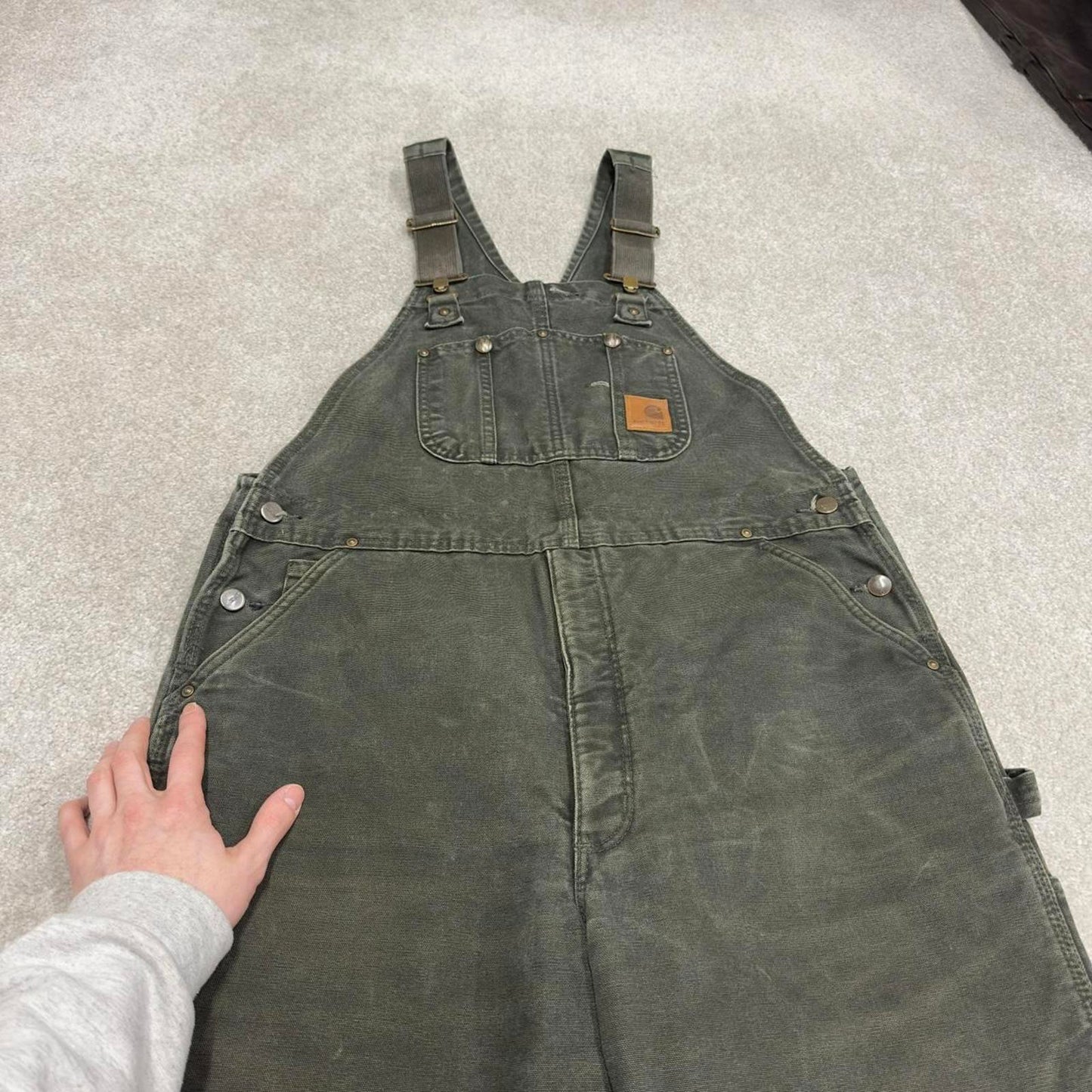 Vintage y2k baggy Carhartt dungarees wide leg green Canvas quilted bib & brace overalls workwear