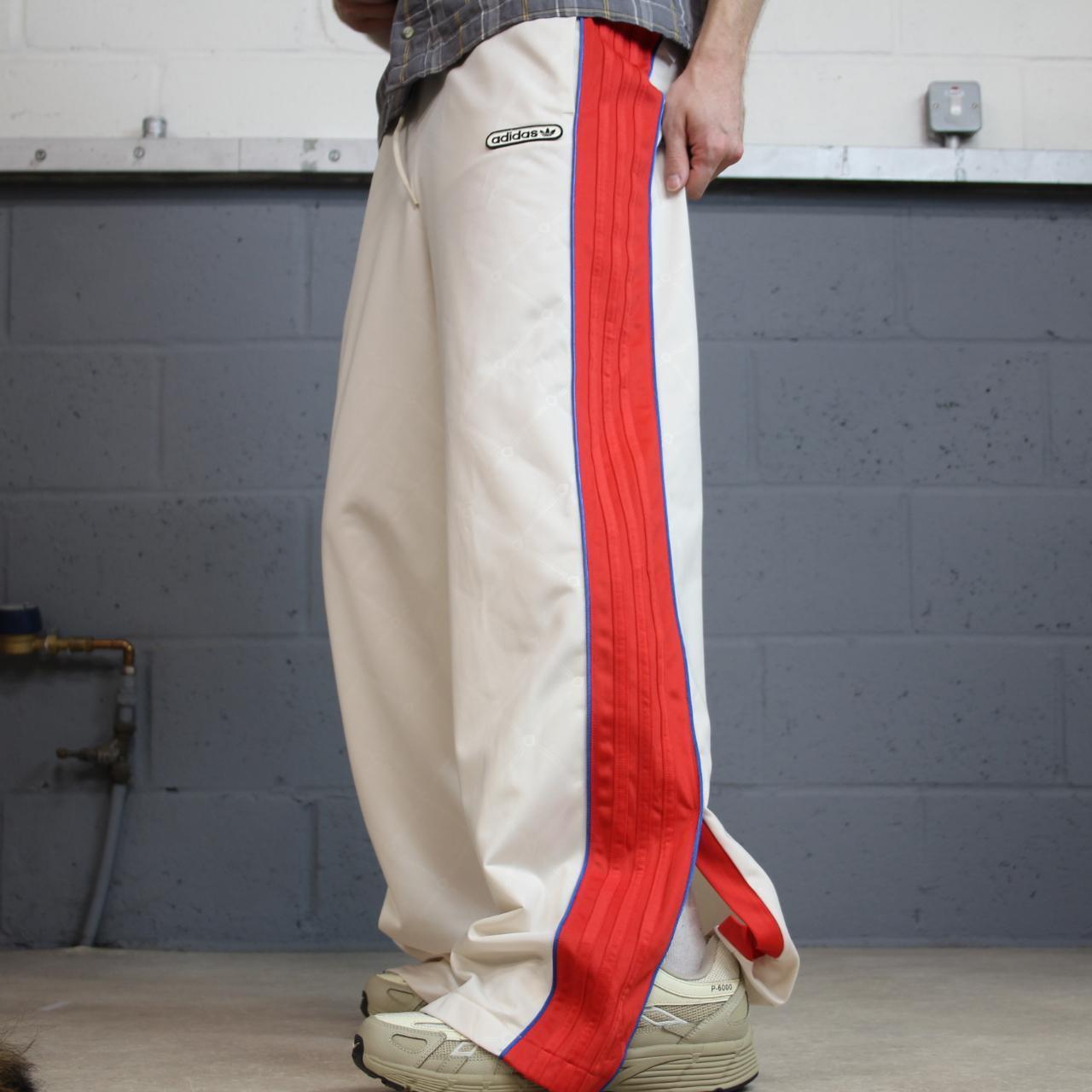 Vintage y2k baggy Adidas tracksuit bottoms beige Wide leg embroidered side stripe 2000s track pants