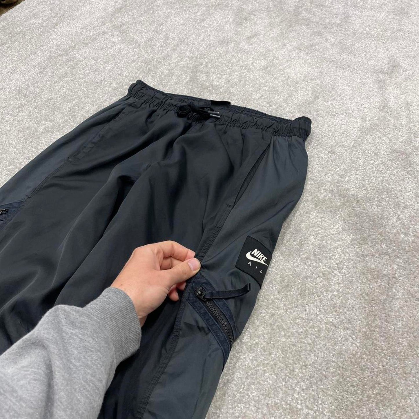00s Nike tracksuit bottoms Large black grey loose leg y2k style joggers patch logo gym wear