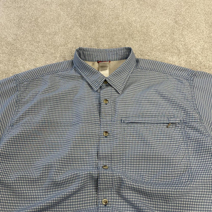 North Face boxy checkered short sleeve shirt y2k blue TNF technical surf style check button summer