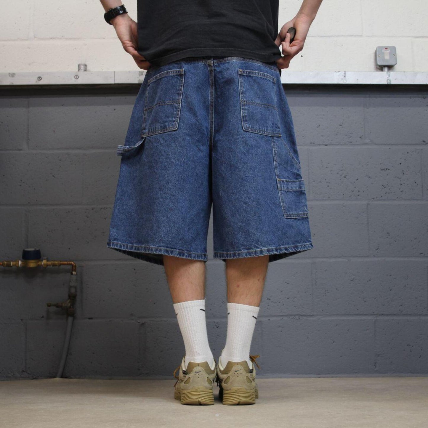 Extra baggy denim shorts carpenter blue Faded Glory skater style summer festival cargo jorts