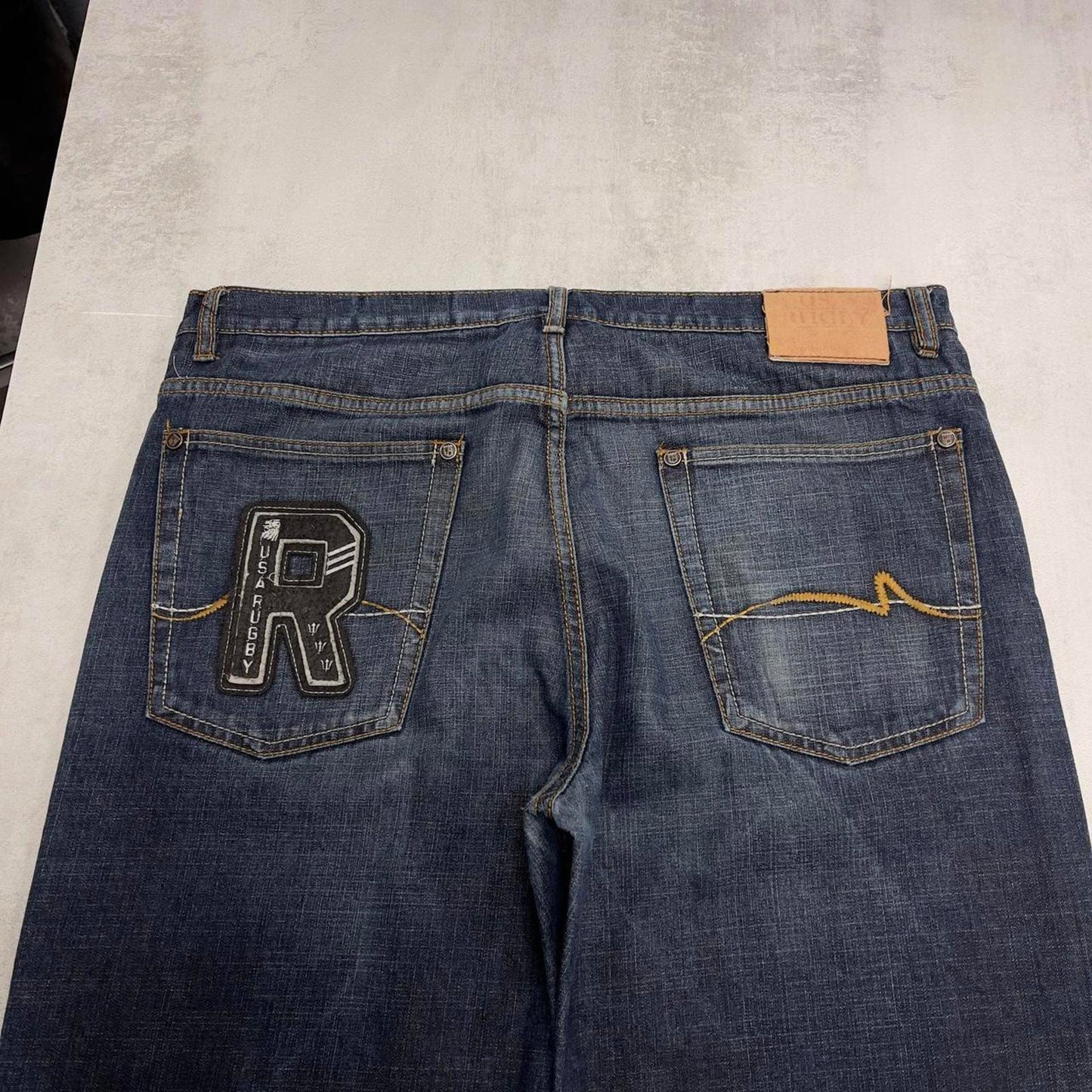 Blue USA Rugby embroidered jeans W38 L30 loose y2k embroidered design hip hop jeans