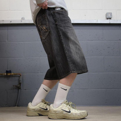 Baggy long denim shorts y2k black Artful Dodger skater style brand surf jorts