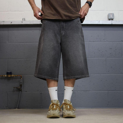 Y2k baggy embroidered denim shorts grey Wavezone loose skater style festival jorts