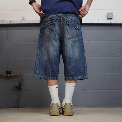 Y2K baggy embroidered shorts long blue Sean John skater style surf jorts