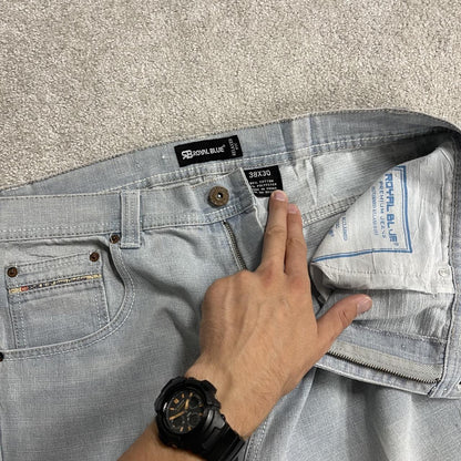 Y2K Royal Blue baggy jeans washed blue denim W38L30 Loose surf style pants stitch detail