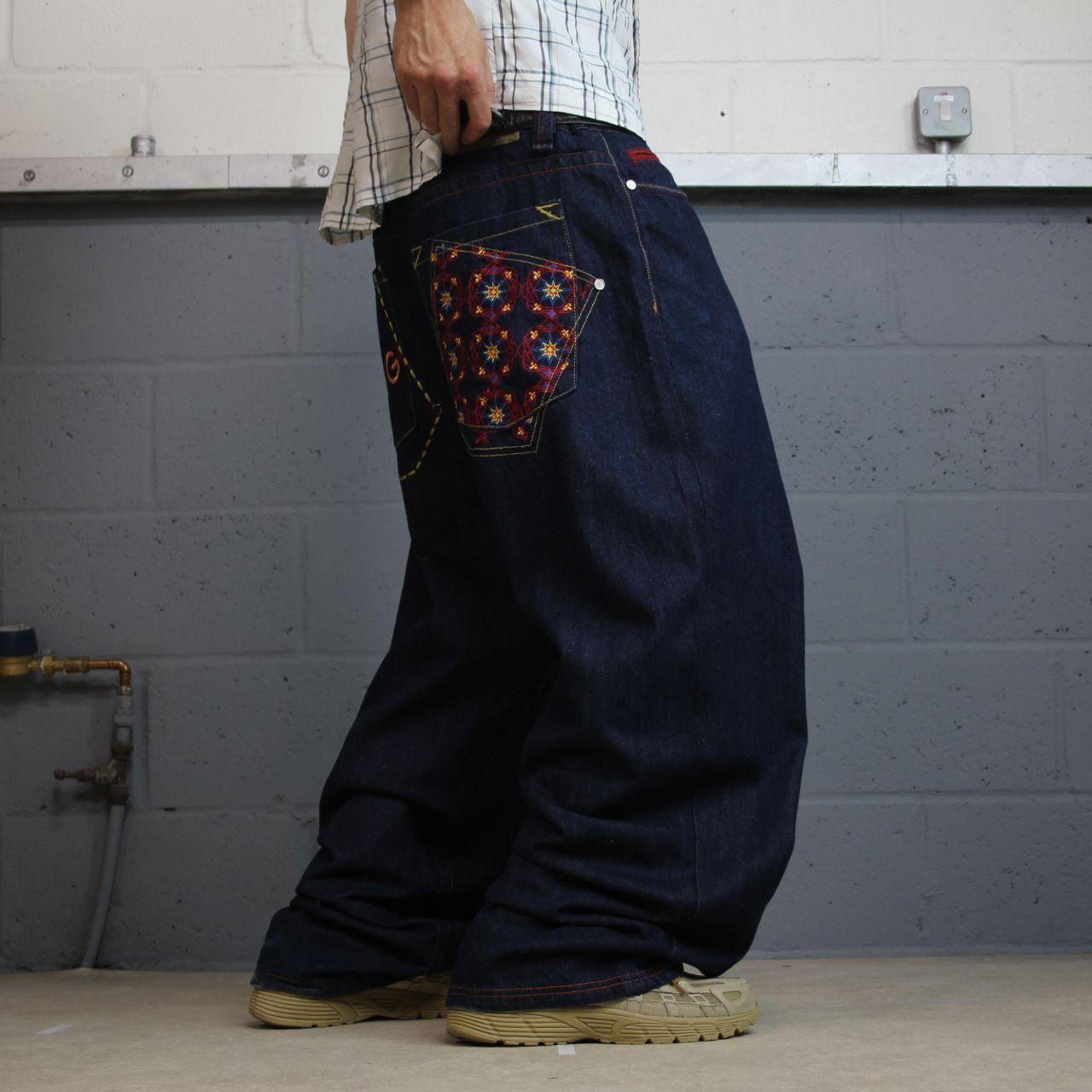 Baggy COOGI embroidered jeans y2k W40L33 navy blue embroidered pattern wide leg skater pants