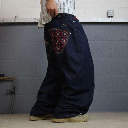 Baggy COOGI embroidered jeans y2k W40L33 navy blue embroidered pattern wide leg skater pants