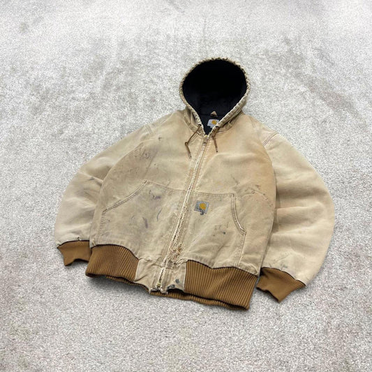 Vintage Carhartt hooded active jacket XL tan brown canvas 90s style skater bomber workwear