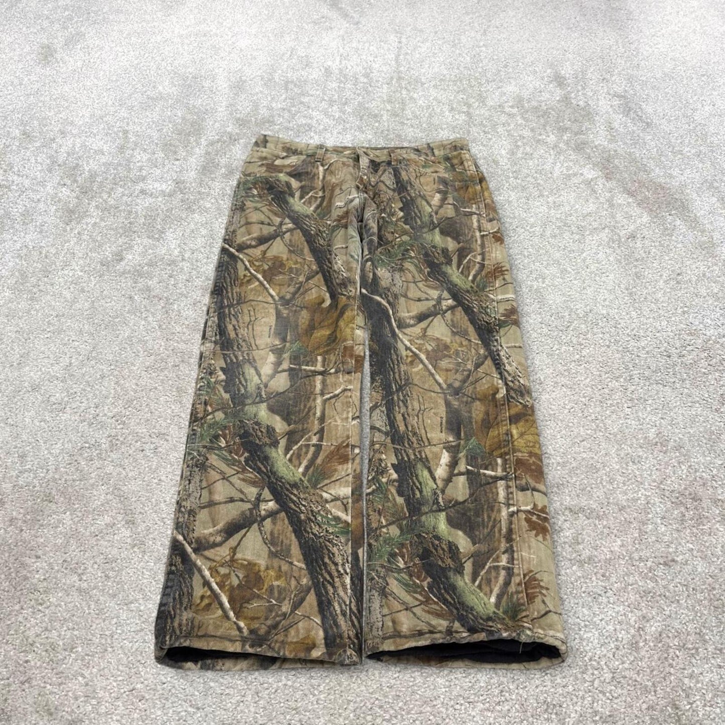Wrangler camo jeans W34L30 khaki green straight leg Realtree camouflage pants fleece lined