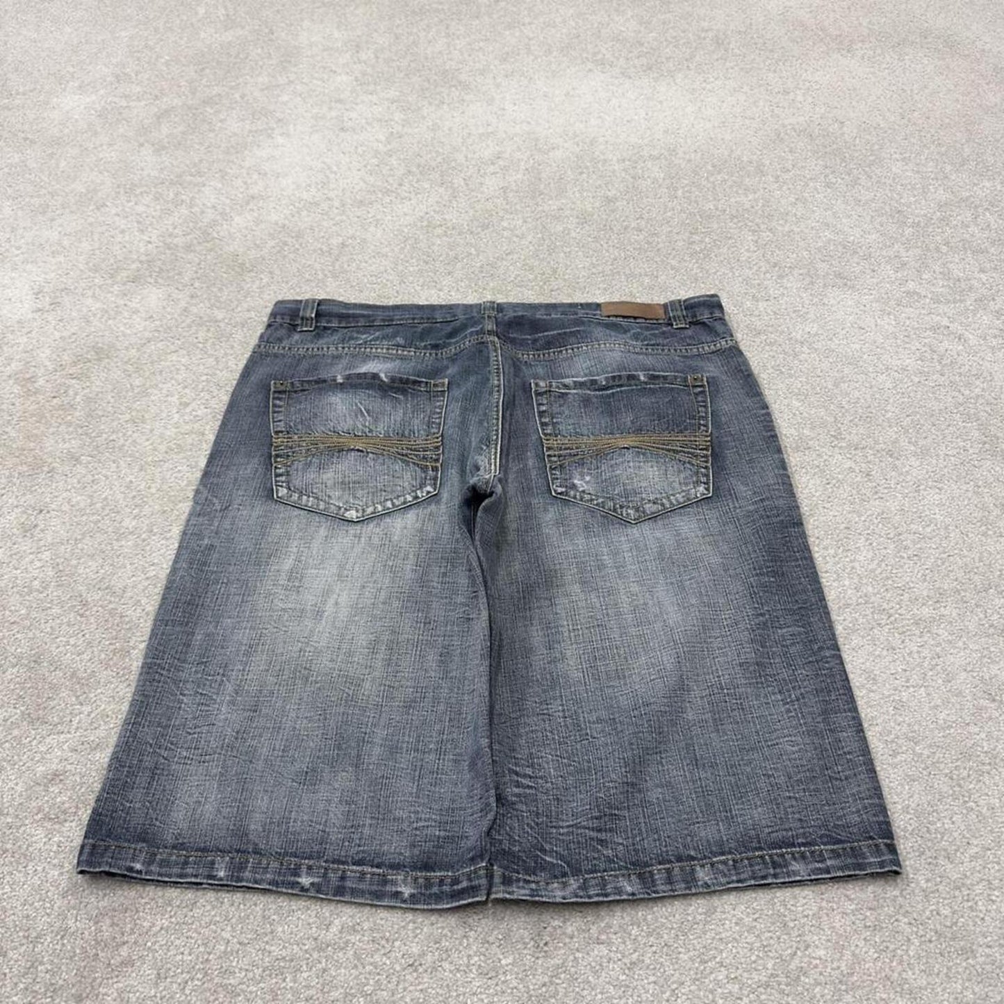 Baggy Y2K embroidered shorts long leg blue Halifax skater style brand surf jorts