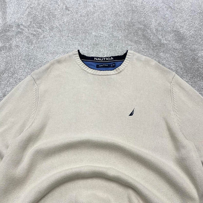 00s Nautica knit sweater jumper embroidered XXL men's beige heavy knitted pull over y2k 00s style
