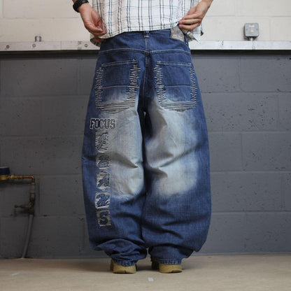 Extra baggy embroidered focus jeans y2k blue denim Loose wide leg skater surf style jeans