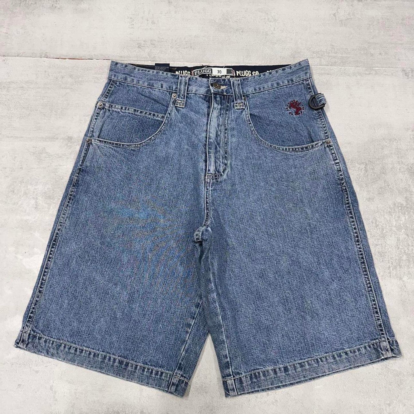 Y2K Denim Skate Jorts W30 PLUGG loose large rear pocket y2k style skater shorts