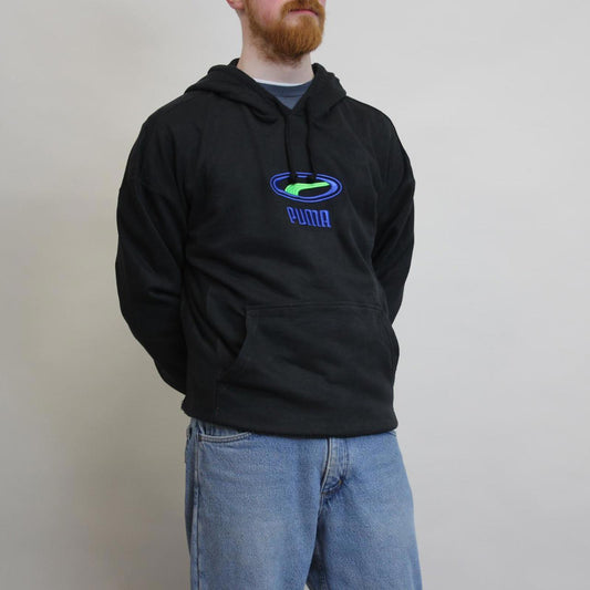 Black PUMA hoodie M pullover y2k jumper embroidered design