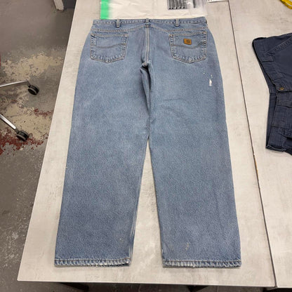 Mens Carhartt jeans W42 L30 blue denim fleeced lined 90s style skater work jeans