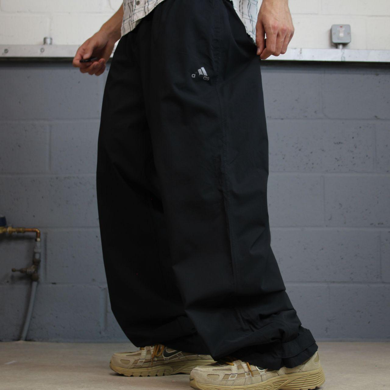 Y2K Adidas baggy waterproof tracksuit bottoms black wide leg Loose unlined rain trousers