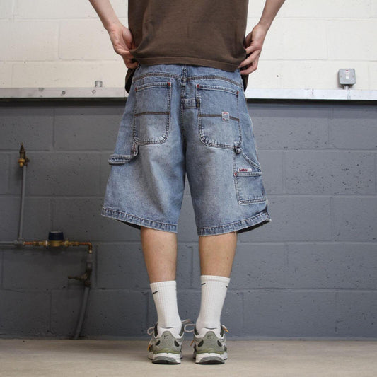 Y2k baggy carpenter shorts skater style blue W38 Carbon long wide leg denim jorts