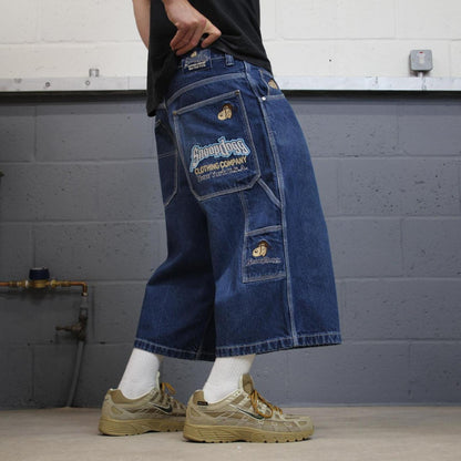 Extra baggy embroidered denim shorts blue Snoop Dogg long hip-hop skater carpenter  jorts