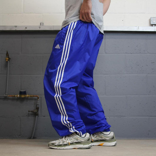 Adidas baggy tracksuit bottoms cuffed blue Loose unlined embroidered stripe track pants