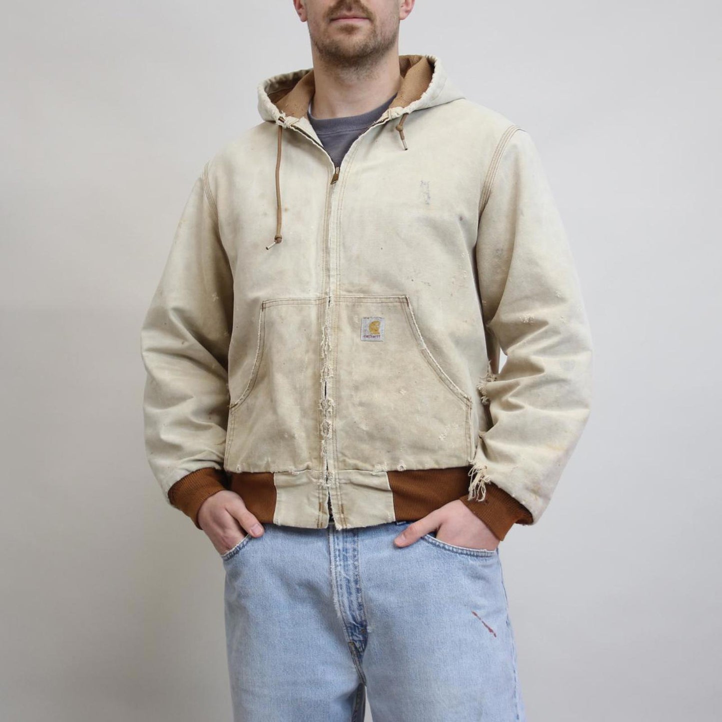 Vintage hooded Carhartt active jacket Large faded tan thrashed distressed style skater