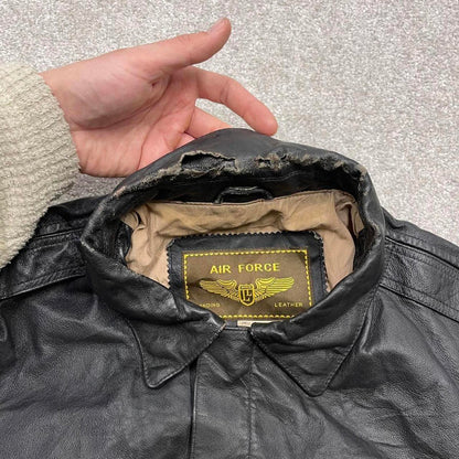 Vintage leather flight aviator bomber jacket black Air Force boxy genuine leather flight coat