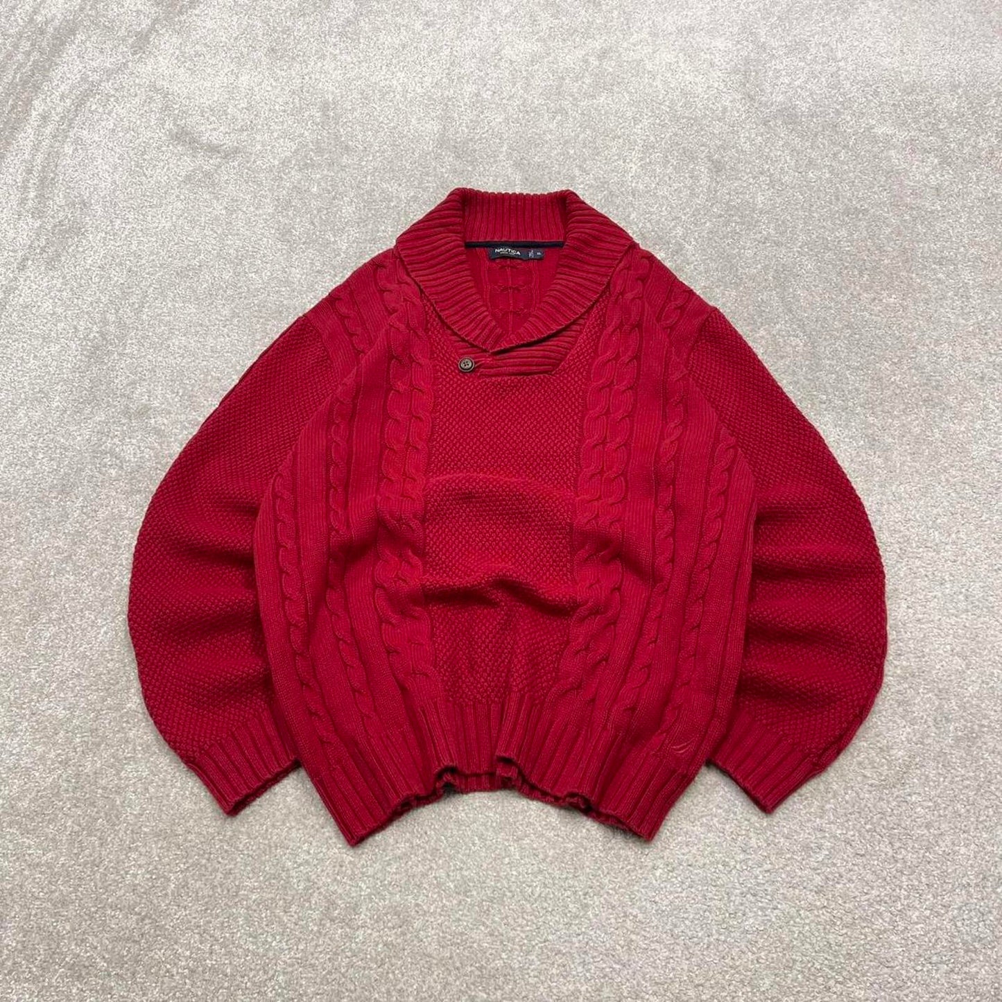 00s Nautica cable knit sweater jumper embroidered XL men's red knitted pull over y2k 90s style