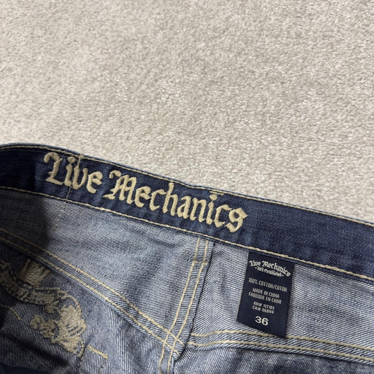 Y2K embroidered baggy jeans Live Mechanics blue denim Loose straight skater surf style jeans