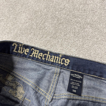 Y2K embroidered baggy jeans Live Mechanics blue denim Loose straight skater surf style jeans