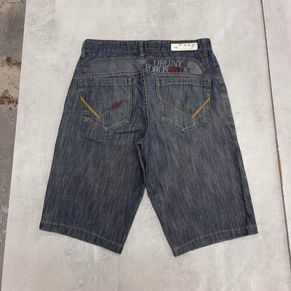 Mens embroidered FUBU denim shorts W30 Y2K print design hip hop jorts