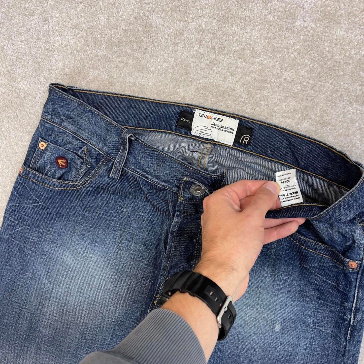 Blue Energie jeans W34L34 loose bootcut y2k 00s style jeans embroidered stitch detail